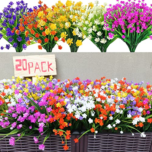 20 Bundles Artificial Fake Flowers, UV Resistant Faux Flowers Arrangement, Fake Plants Greenery Shrubs for Indoor Outdoors, Home Garden Patio, Porch, Hanging Planter, Window Box Farmhouse (5 Colors)